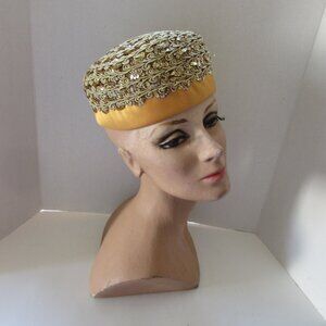 SALE Vintage Hat Toque Style Gold Gimp Gold Sequins Marigold Satin Brim 1960 Era